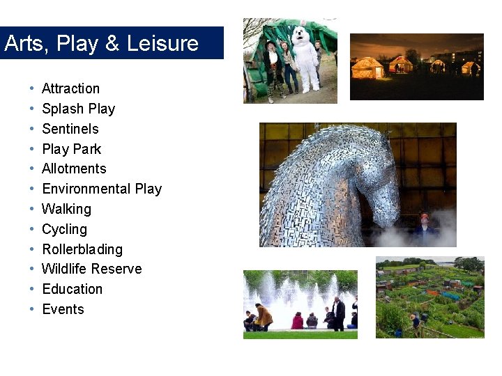 Arts, Play & Leisure • • • Attraction Splash Play Sentinels Play Park Allotments