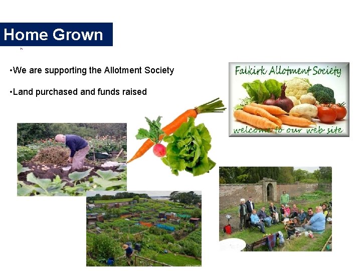 Home Grown n • We are supporting the Allotment Society • Land purchased and