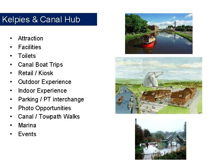 Kelpies & Canal Hub • • • Attraction Facilities Toilets Canal Boat Trips Retail