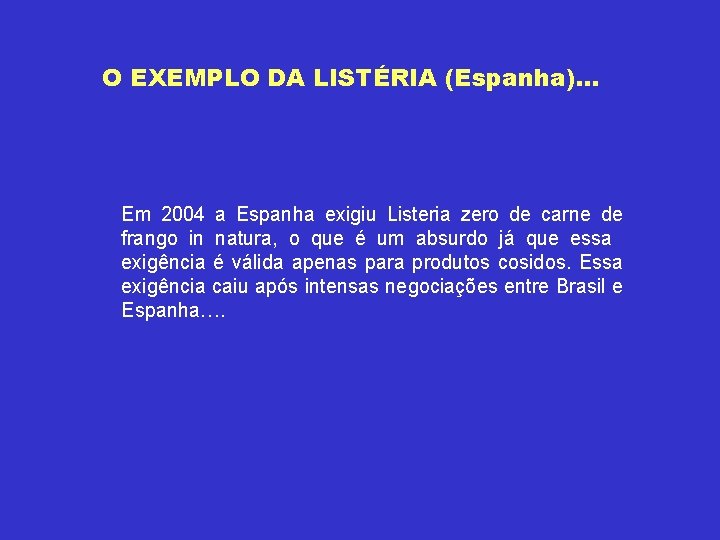 O EXEMPLO DA LISTÉRIA (Espanha)… Em 2004 a Espanha exigiu Listeria zero de carne