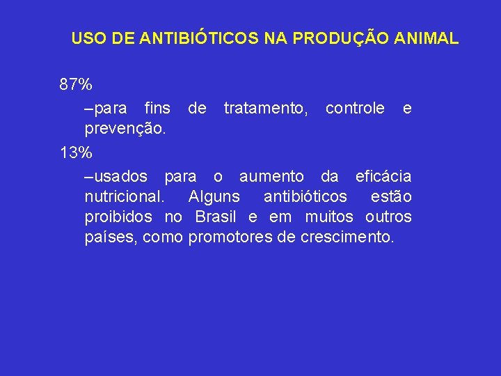 USO DE ANTIBIÓTICOS NA PRODUÇÃO ANIMAL 87% –para fins de tratamento, controle e prevenção.