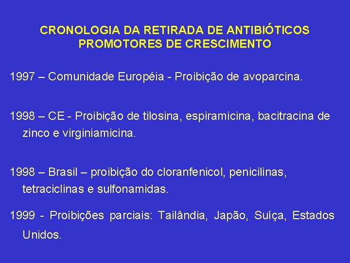 CRONOLOGIA DA RETIRADA DE ANTIBIÓTICOS PROMOTORES DE CRESCIMENTO 1997 – Comunidade Européia - Proibição