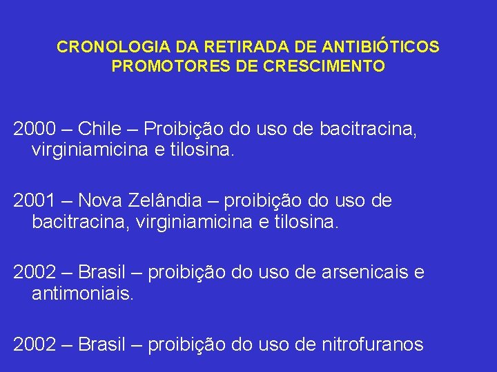 CRONOLOGIA DA RETIRADA DE ANTIBIÓTICOS PROMOTORES DE CRESCIMENTO 2000 – Chile – Proibição do