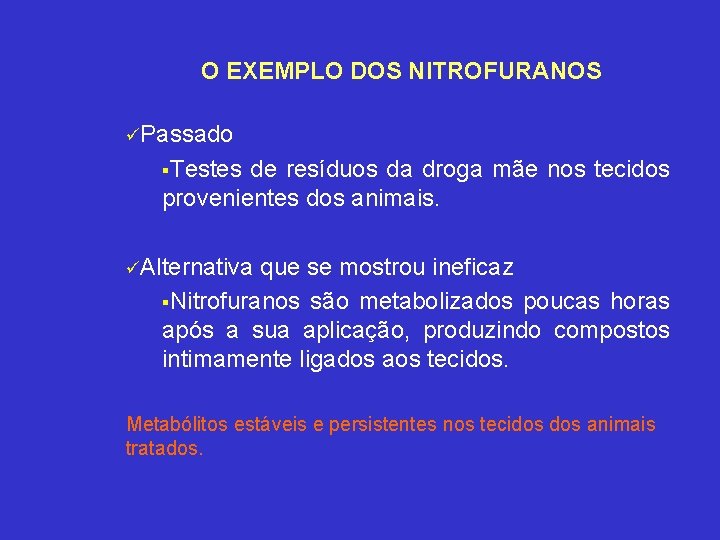 O EXEMPLO DOS NITROFURANOS üPassado §Testes de resíduos da droga mãe nos tecidos provenientes