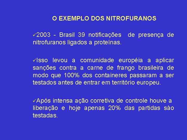 O EXEMPLO DOS NITROFURANOS ü 2003 - Brasil 39 notificações de presença de nitrofuranos