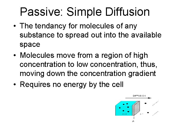Passive: Simple Diffusion • The tendancy for molecules of any substance to spread out