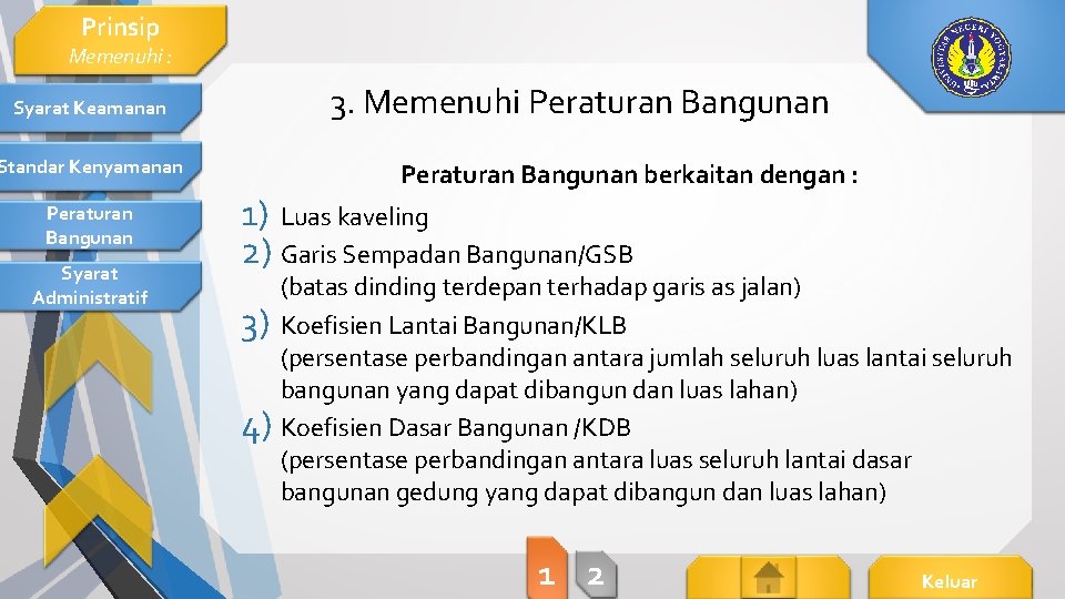 Prinsip Memenuhi : 3. Memenuhi Peraturan Bangunan Syarat Keamanan Standar Kenyamanan Peraturan Bangunan Syarat