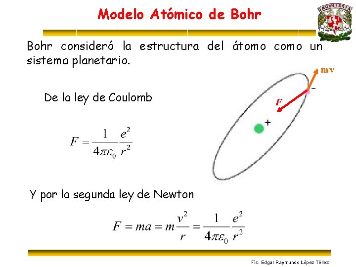 Modelo Atómico de Bohr consideró la estructura del átomo como un sistema planetario. mv