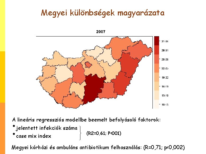 Megyei különbségek magyarázata A lineáris regressziós modellbe beemelt befolyásoló faktorok: • jelentett infekciók száma