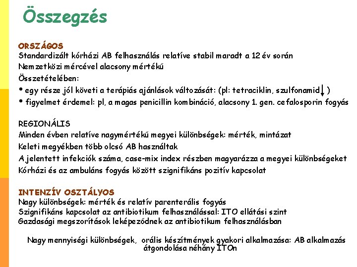 Összegzés ORSZÁGOS Standardizált kórházi AB felhasználás relatíve stabil maradt a 12 év során Nemzetközi