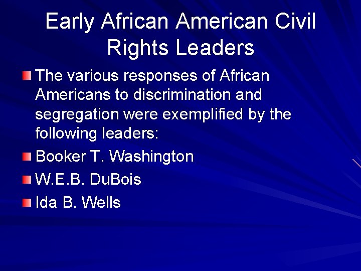 Early African American Civil Rights Leaders The various responses of African Americans to discrimination
