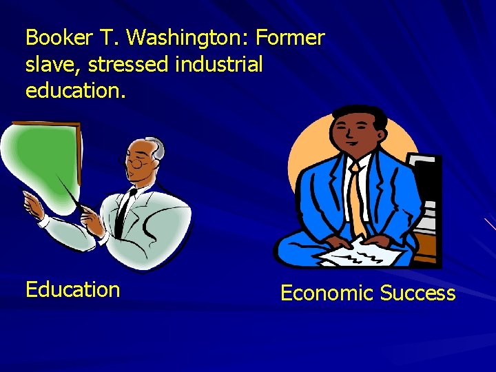 Booker T. Washington: Former slave, stressed industrial education. Education Economic Success 
