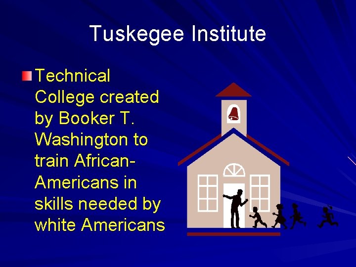 Tuskegee Institute Technical College created by Booker T. Washington to train African. Americans in