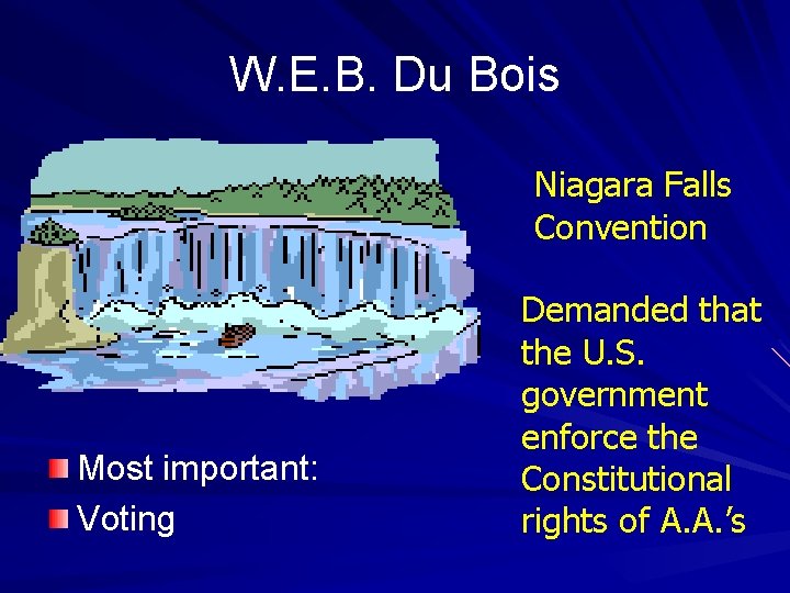 W. E. B. Du Bois Niagara Falls Convention Most important: Voting Demanded that the