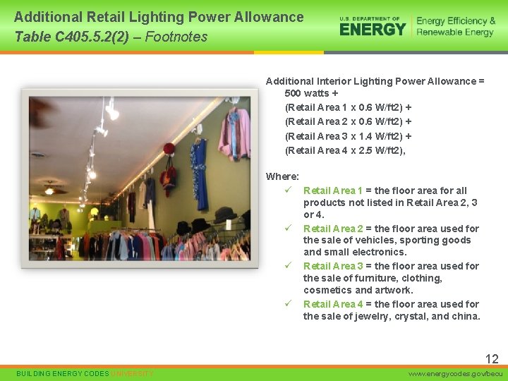 Additional Retail Lighting Power Allowance Table C 405. 5. 2(2) – Footnotes Additional Interior