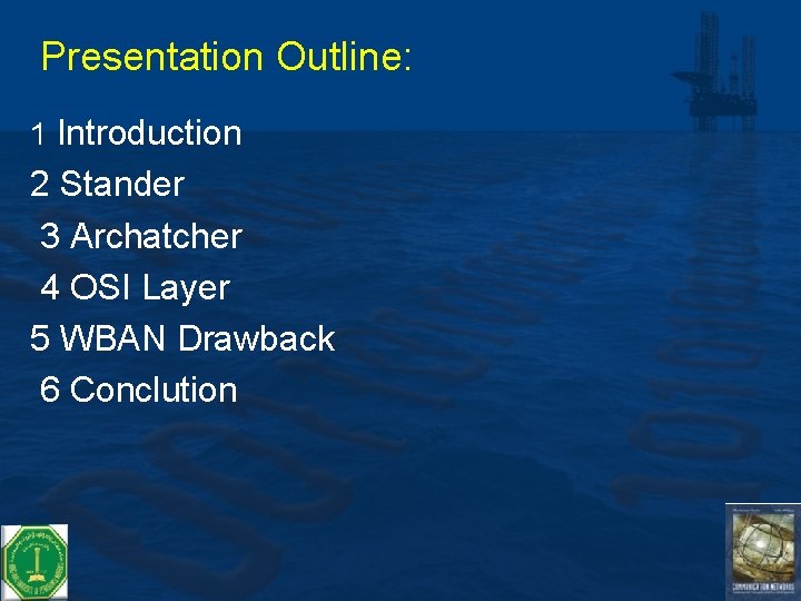 Presentation Outline: 1 Introduction 2 Stander 3 Archatcher 4 OSI Layer 5 WBAN Drawback