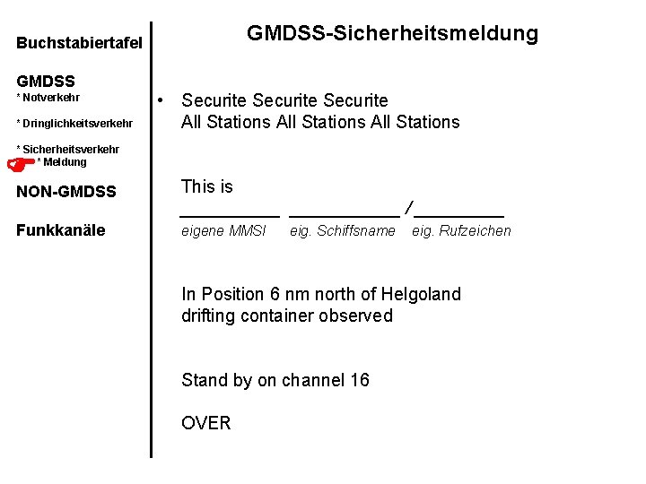 GMDSS-Sicherheitsmeldung Buchstabiertafel GMDSS * Notverkehr * Dringlichkeitsverkehr • Securite All Stations * Sicherheitsverkehr *