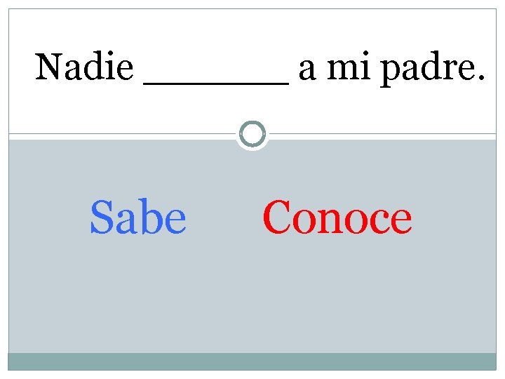Nadie ______ a mi padre. Sabe Conoce 