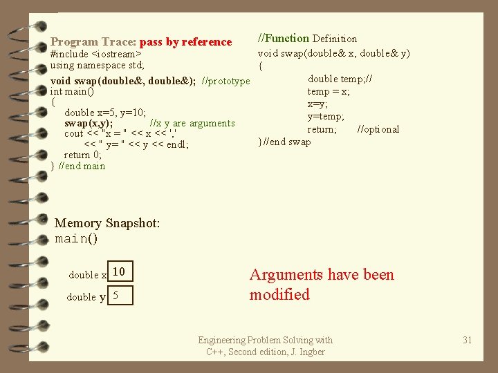 Program Trace: pass by reference //Function Definition void swap(double& x, double& y) #include <iostream> Program Trace: pass by reference //Function Definition void swap(double& x, double& y) #include <iostream>