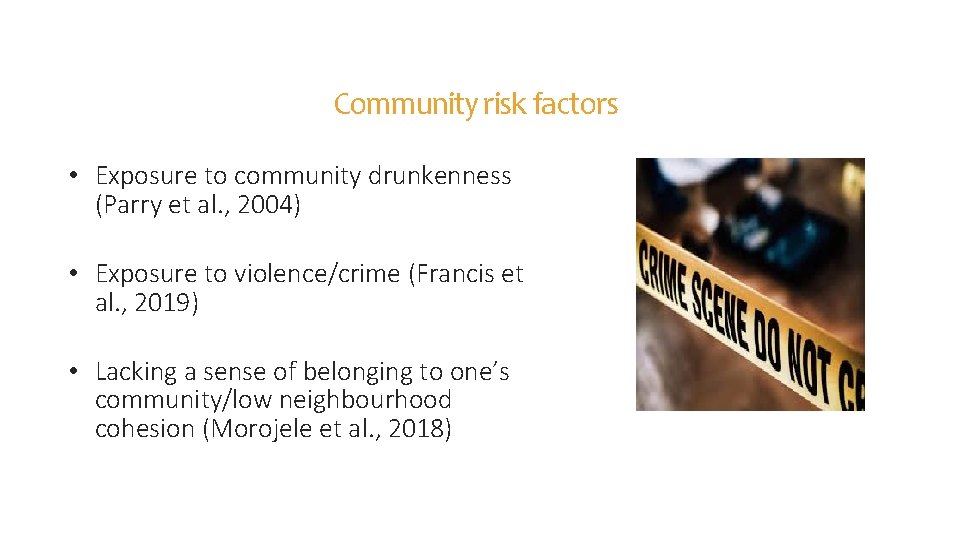 Community risk factors • Exposure to community drunkenness (Parry et al. , 2004) •