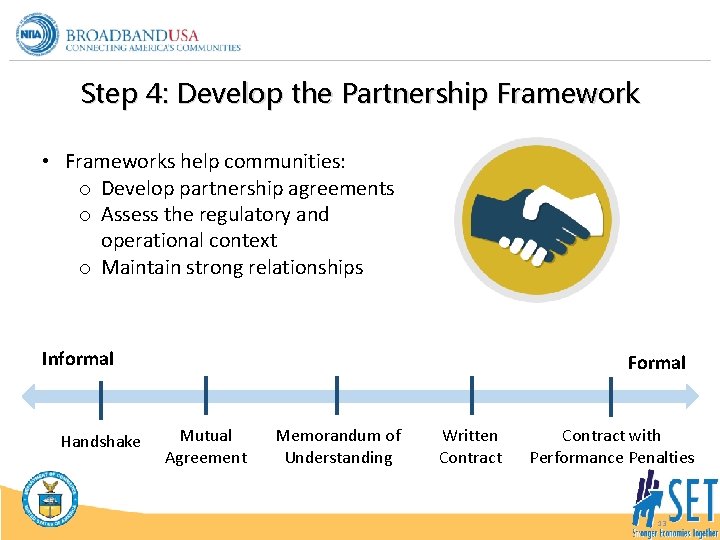 Step 4: Develop the Partnership Framework • Frameworks help communities: o Develop partnership agreements