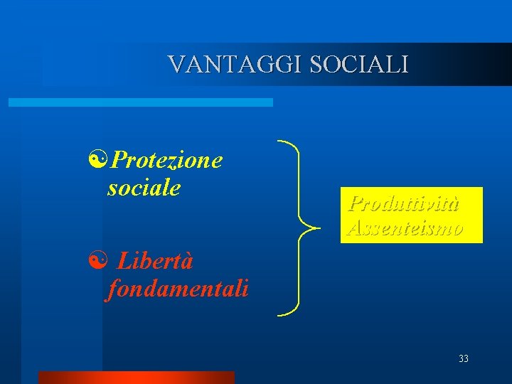 VANTAGGI SOCIALI [Protezione sociale Produttività Assenteismo [ Libertà fondamentali 33 