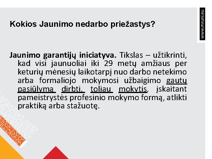 Kokios Jaunimo nedarbo priežastys? Jaunimo garantijų iniciatyva. Tikslas – užtikrinti, kad visi jaunuoliai iki