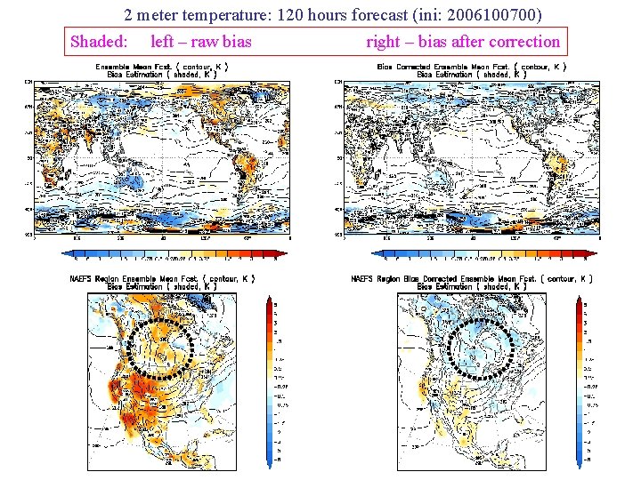 2 meter temperature: 120 hours forecast (ini: 2006100700) Shaded: left – raw bias right