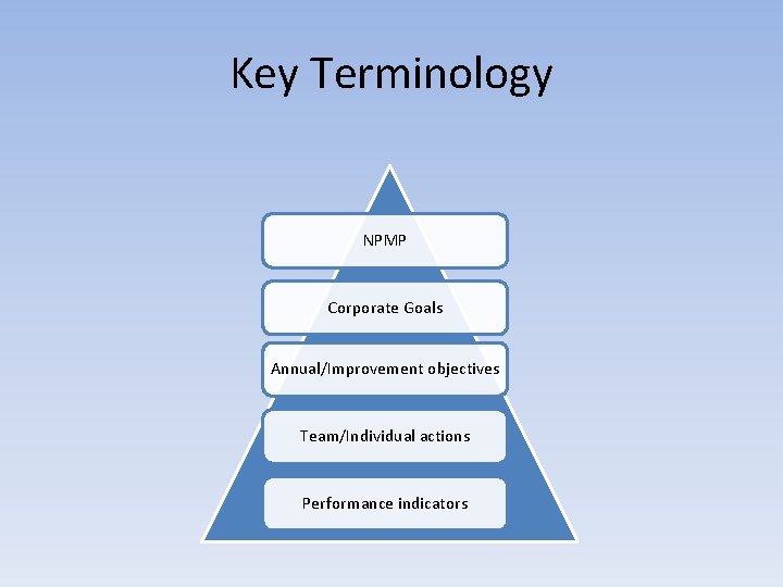 Key Terminology NPMP Corporate Goals Annual/Improvement objectives Team/Individual actions Performance indicators 