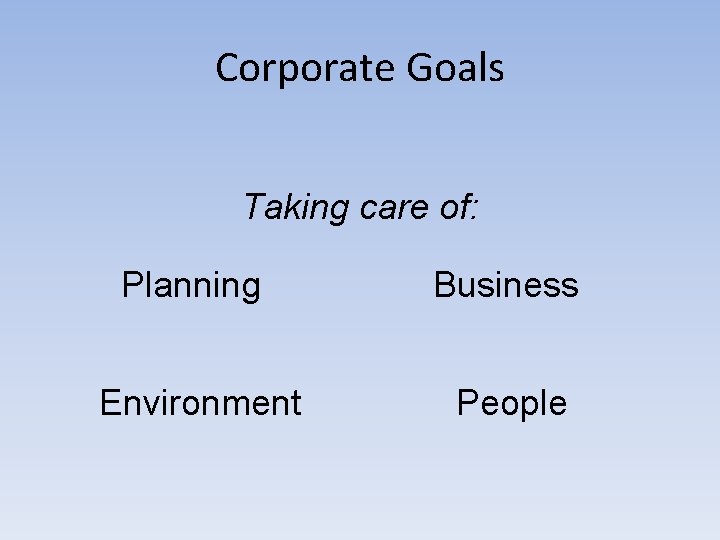 Corporate Goals Taking care of: Planning Business Environment People 