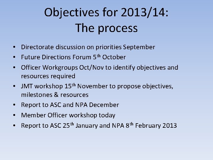 Objectives for 2013/14: The process • Directorate discussion on priorities September • Future Directions
