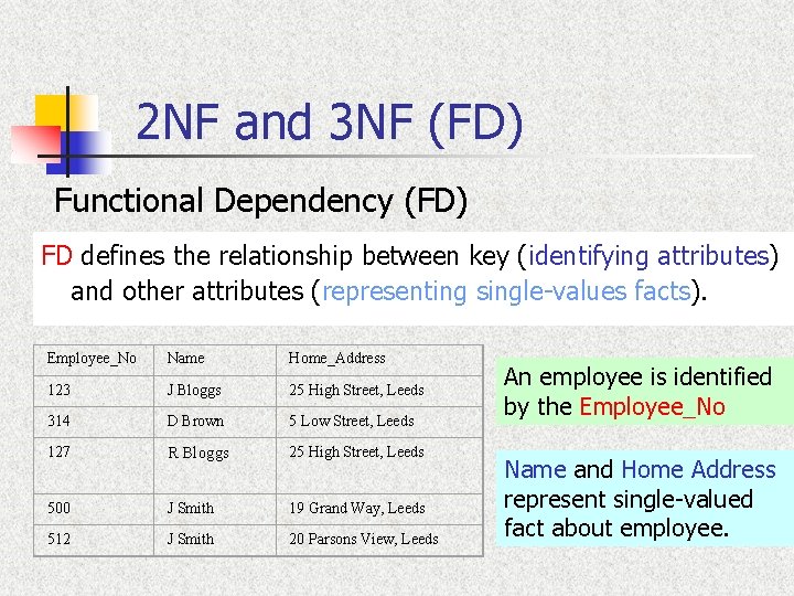 2 NF and 3 NF (FD) Functional Dependency (FD) FD defines the relationship between