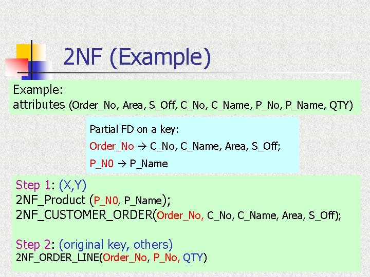 2 NF (Example) Example: attributes (Order_No, Area, S_Off, C_No, C_Name, P_No, P_Name, QTY) Partial