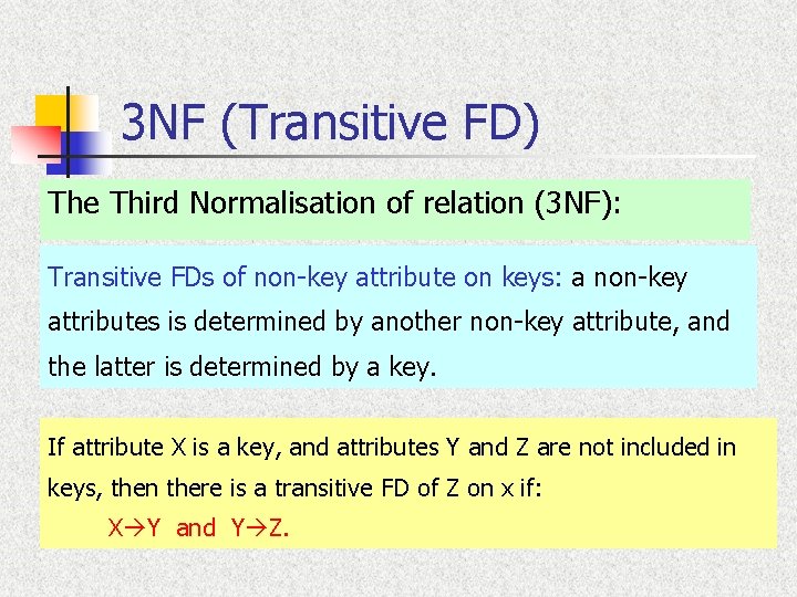 3 NF (Transitive FD) The Third Normalisation of relation (3 NF): Transitive FDs of