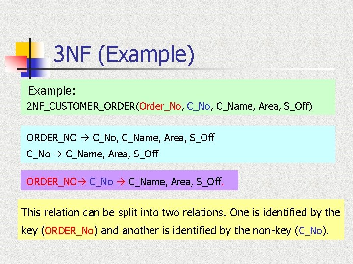 3 NF (Example) Example: 2 NF_CUSTOMER_ORDER(Order_No, C_Name, Area, S_Off) ORDER_NO C_No, C_Name, Area, S_Off