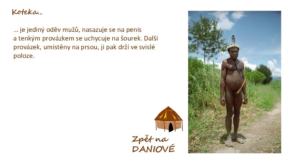 Koteka… … je jediný oděv mužů, nasazuje se na penis a tenkým provázkem se