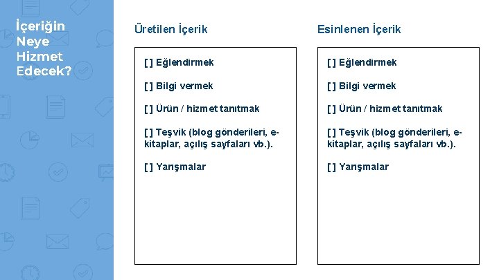 İçeriğin Neye Hizmet Edecek? Üretilen İçerik Esinlenen İçerik [ ] Eğlendirmek [ ] Bilgi