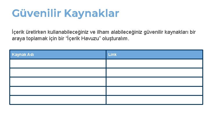 Güvenilir Kaynaklar İçerik üretirken kullanabileceğiniz ve ilham alabileceğiniz güvenilir kaynakları bir araya toplamak için