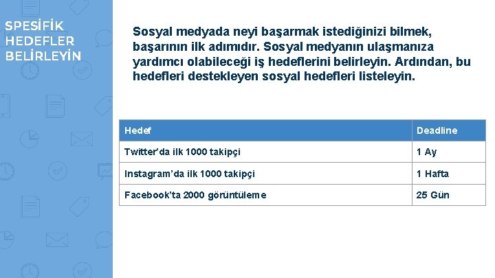 SPESİFİK HEDEFLER BELİRLEYİN Sosyal medyada neyi başarmak istediğinizi bilmek, başarının ilk adımıdır. Sosyal medyanın