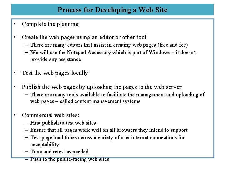 Process for Developing a Web Site • Complete the planning • Create the web