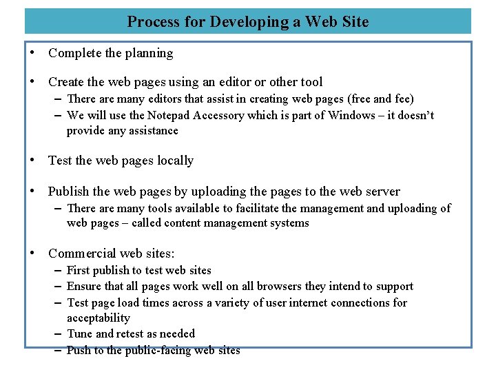 Process for Developing a Web Site • Complete the planning • Create the web