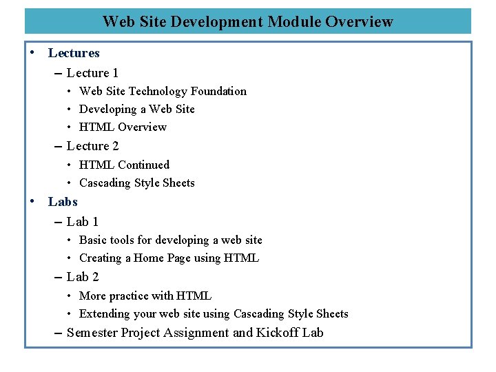 Web Site Development Module Overview • Lectures – Lecture 1 • Web Site Technology
