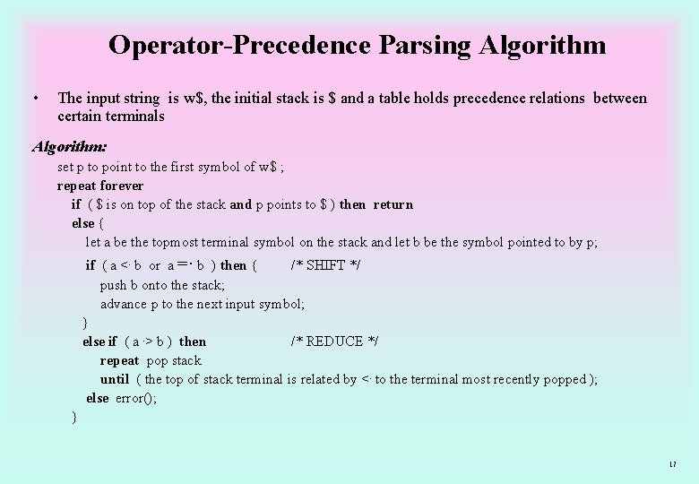 Operator-Precedence Parsing Algorithm • The input string is w$, the initial stack is $