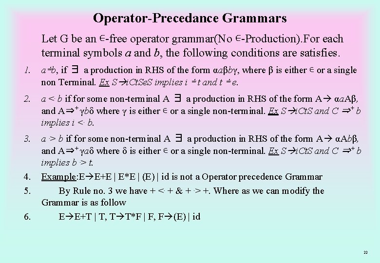 Operator-Precedance Grammars Let G be an ∊-free operator grammar(No ∊-Production). For each terminal symbols