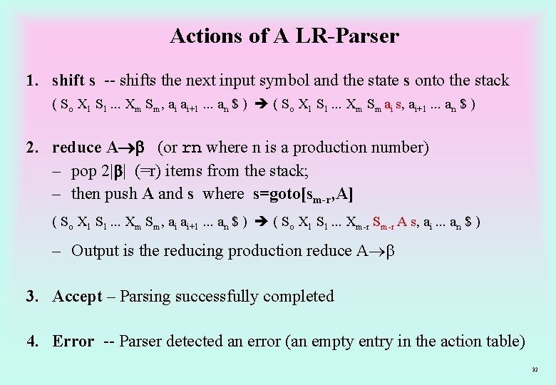 Actions of A LR-Parser 1. shift s -- shifts the next input symbol and