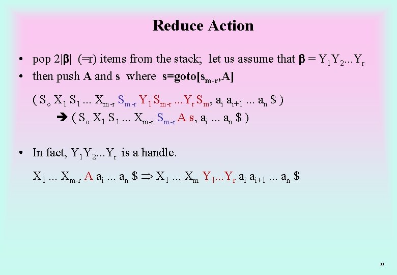 Reduce Action • pop 2| | (=r) items from the stack; let us assume