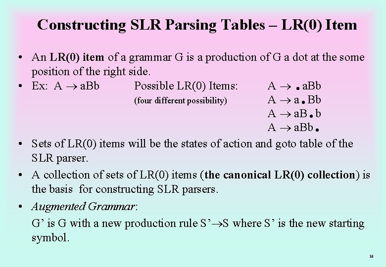 Constructing SLR Parsing Tables – LR(0) Item • An LR(0) item of a grammar