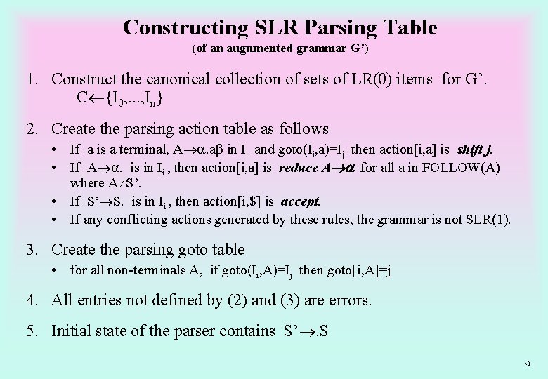 Constructing SLR Parsing Table (of an augumented grammar G’) 1. Construct the canonical collection