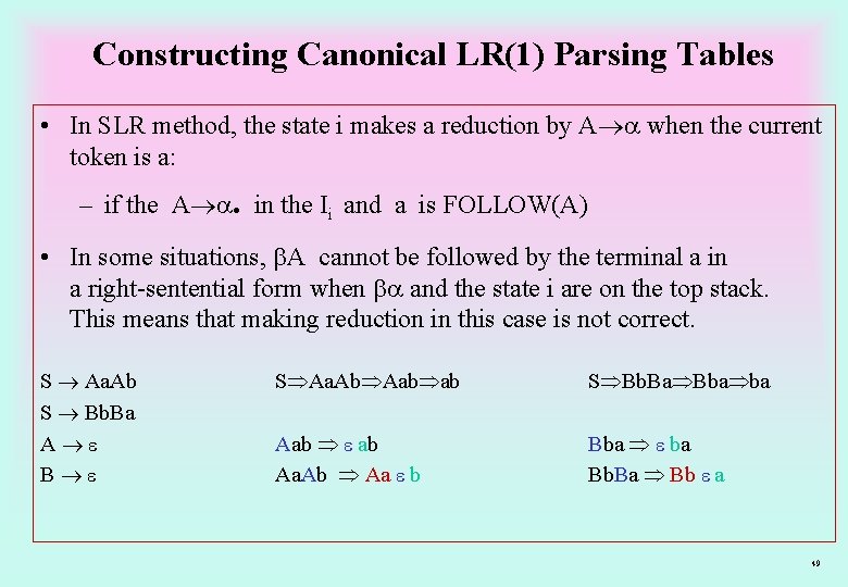 Constructing Canonical LR(1) Parsing Tables • In SLR method, the state i makes a