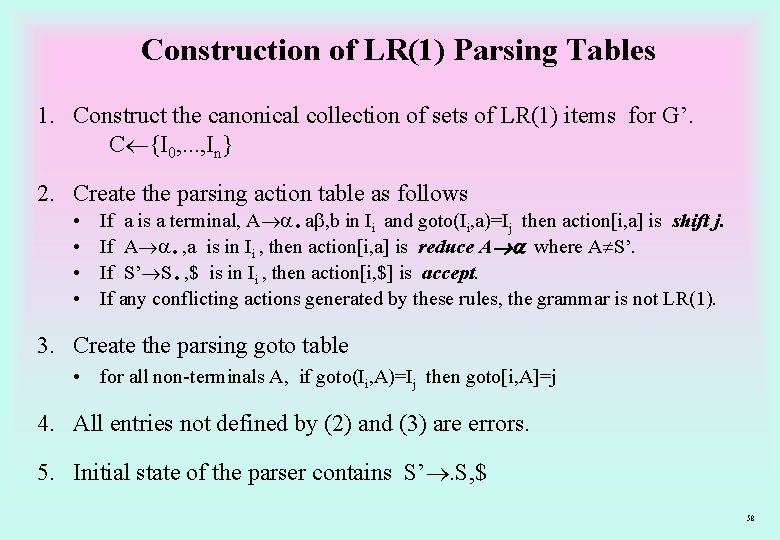 Construction of LR(1) Parsing Tables 1. Construct the canonical collection of sets of LR(1)